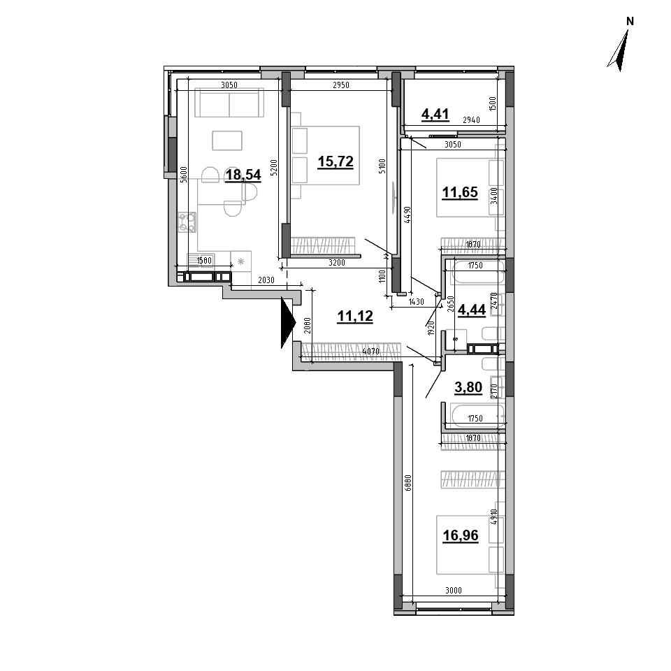 ЖК Sister: планировка 3-комнатной квартиры, №230, 86.64 м<sup>2</sup>