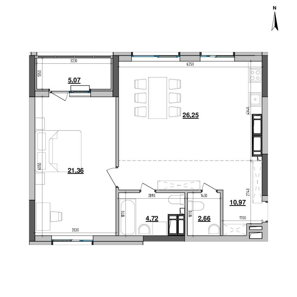 RC Maxima Residence: planning 1-bedroom apartment, №221, 71.03 m<sup>2</sup>