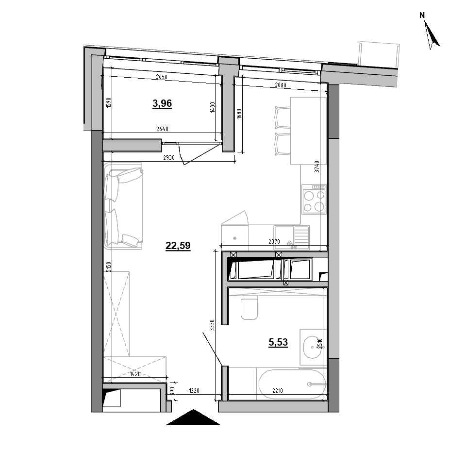 RC Brother: planning 1-bedroom apartment, №165, 32.08 m<sup>2</sup>