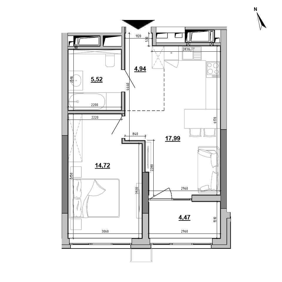 ЖК Brother: планування 1-кімнатної квартири, №140, 47.64 м<sup>2</sup>