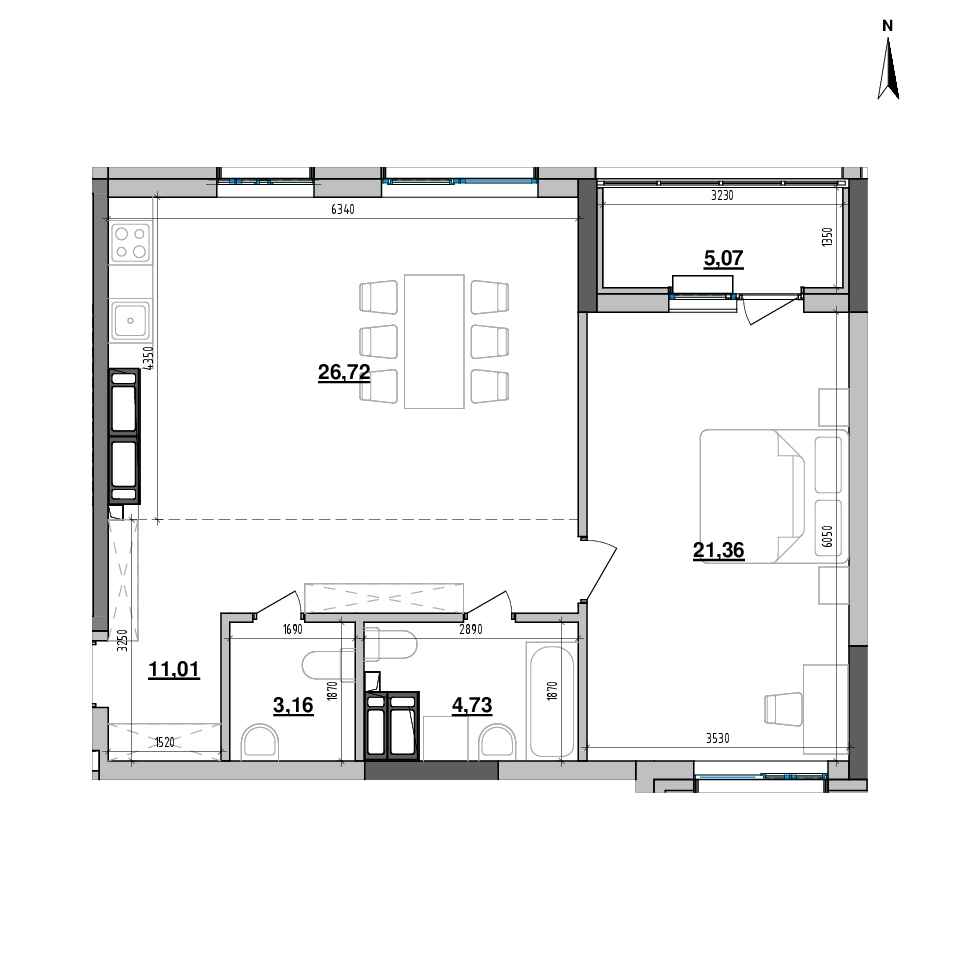 RC Maxima Residence: planning 1-bedroom apartment, №211, 72.05 m<sup>2</sup>