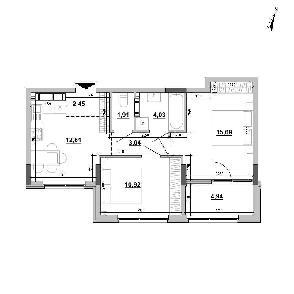 ЖК Sister: планировка 2-комнатной квартиры, №71, 55.59 м<sup>2</sup>