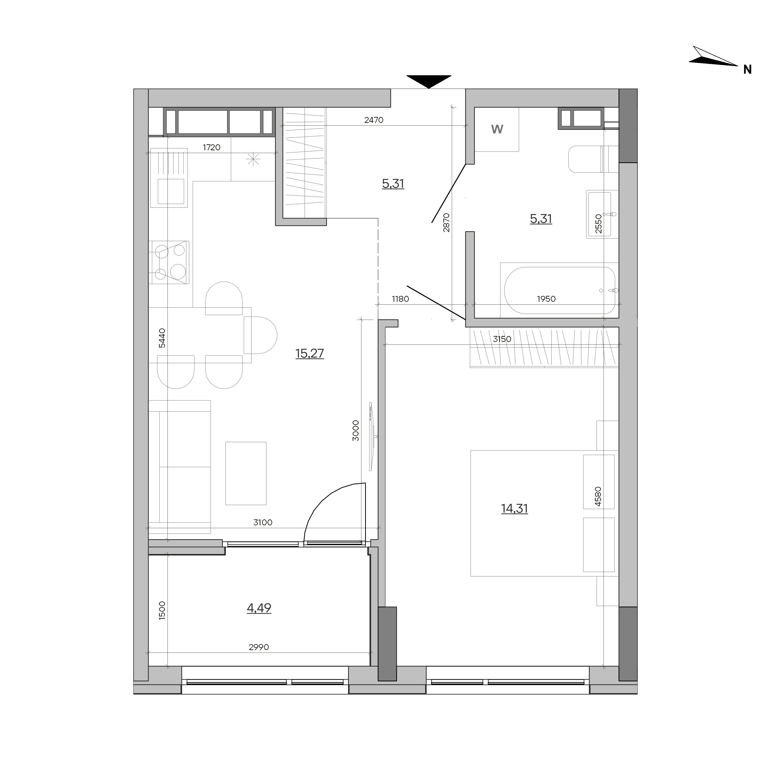 ЖК Sister: планування 1-кімнатної квартири, №43, 44.69 м<sup>2</sup>