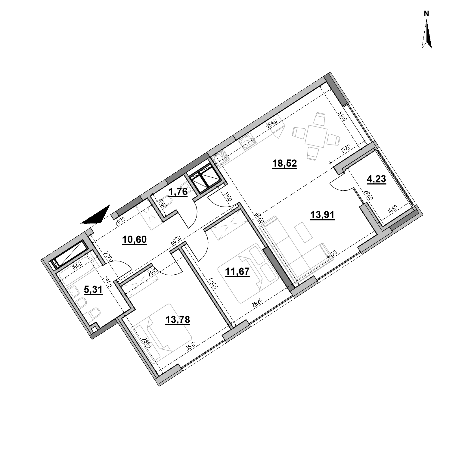 RC Nordica Residence: planning 2-bedroom apartment, №172, 79.78 m<sup>2</sup>
