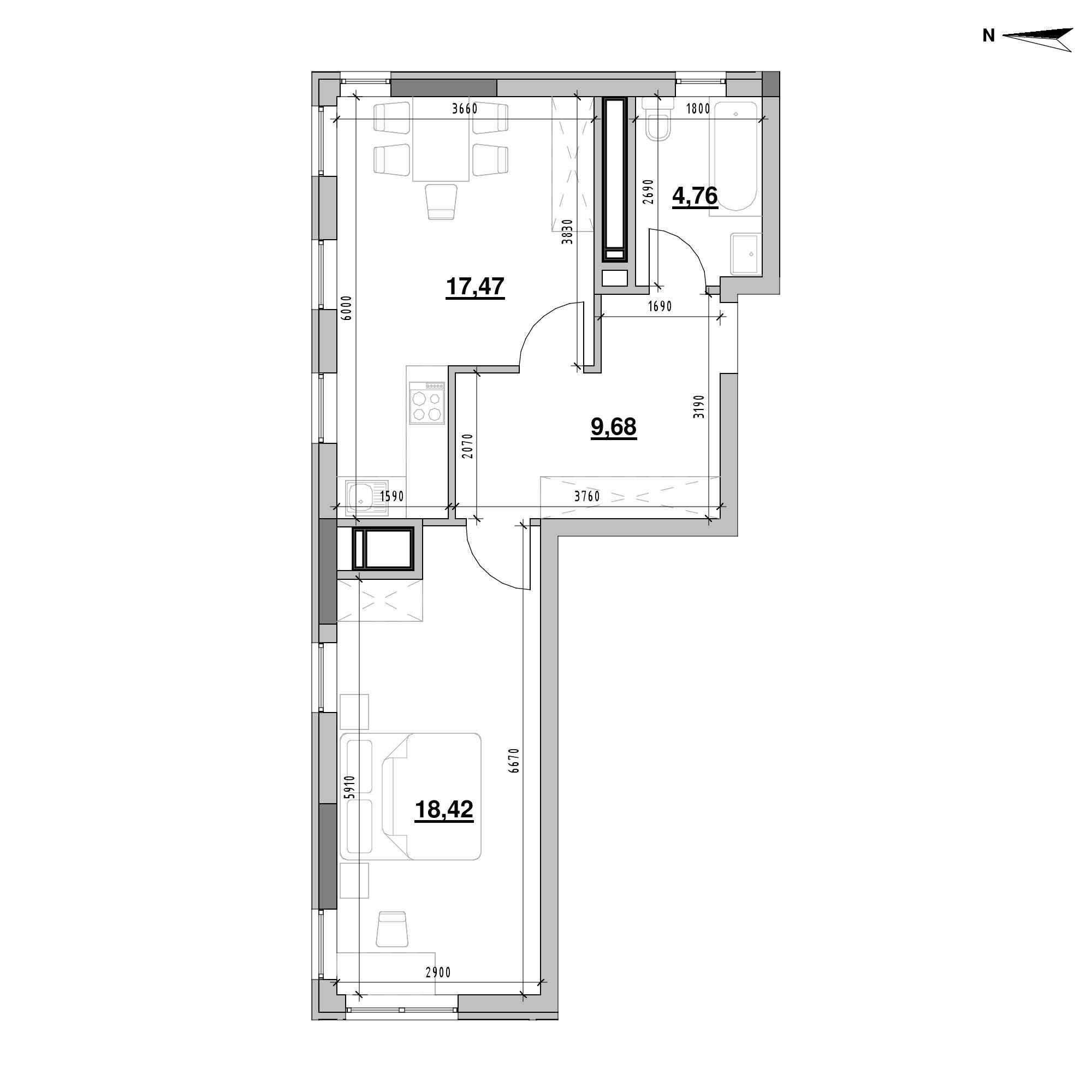 ЖК Nordica Residence: планування 1-кімнатної квартири, №183/2, 50.2 м<sup>2</sup>