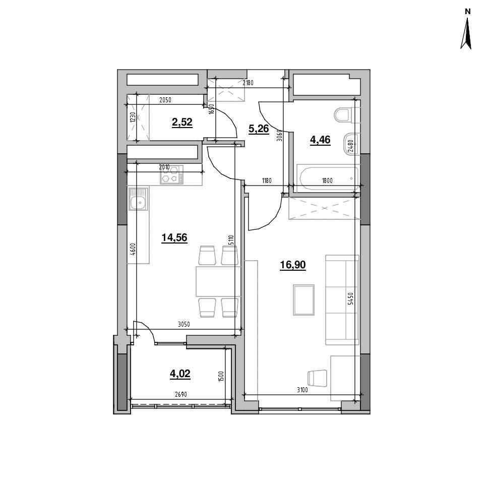 ЖК Nordica Residence: планування 1-кімнатної квартири, №101, 47.72 м<sup>2</sup>