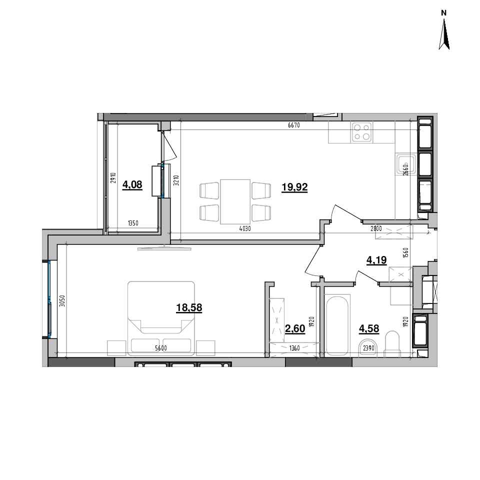 RC Maxima Residence: planning 1-bedroom apartment, №284, 53.95 m<sup>2</sup>