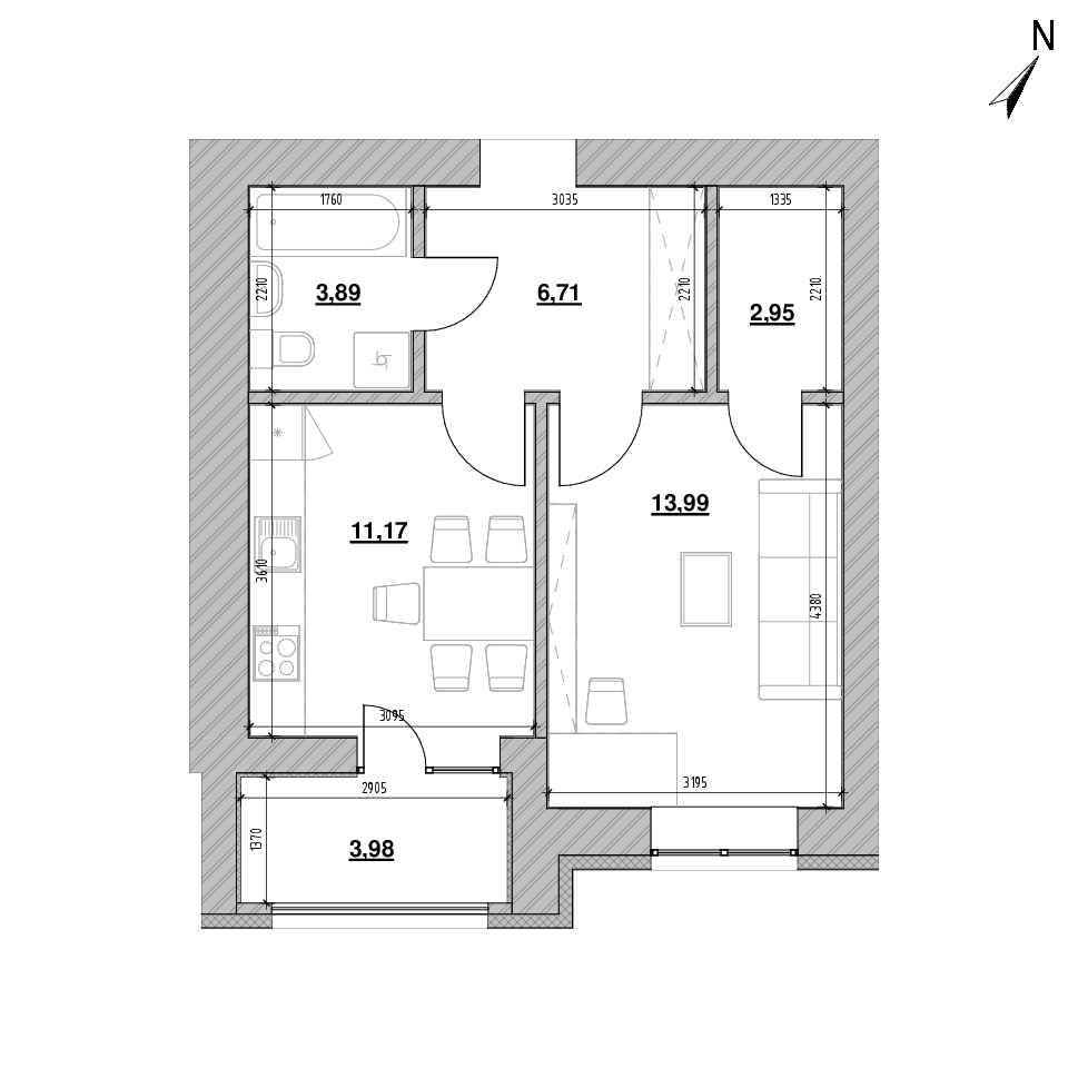 ЖК Шенген: планування 1-кімнатної квартири, №70, 44.2 м<sup>2</sup>