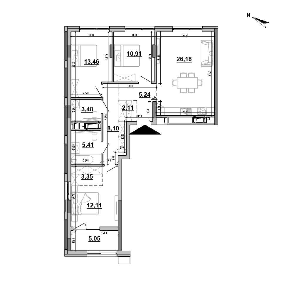ЖК Brother: планування 3-кімнатної квартири, №215, 95.4 м<sup>2</sup>