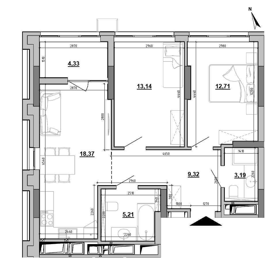 RC Brother: planning 2-bedroom apartment, №193, 66.27 m<sup>2</sup>