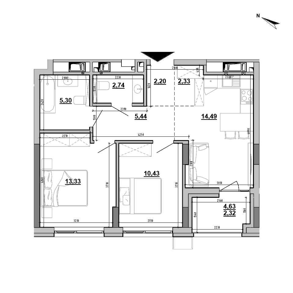 ЖК Brother: планування 2-кімнатної квартири, №218, 58.58 м<sup>2</sup>