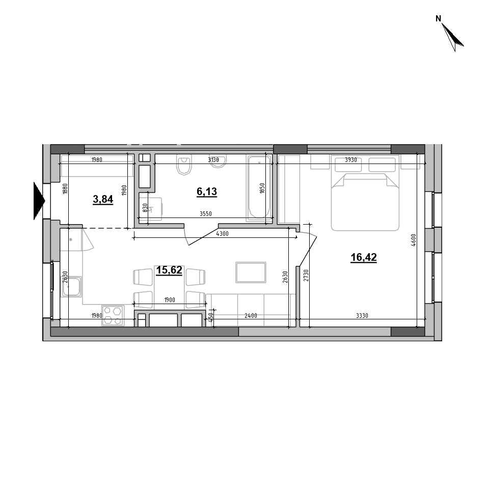 RC Big Ben: planning 1-bedroom apartment, №212, 42.01 m<sup>2</sup>