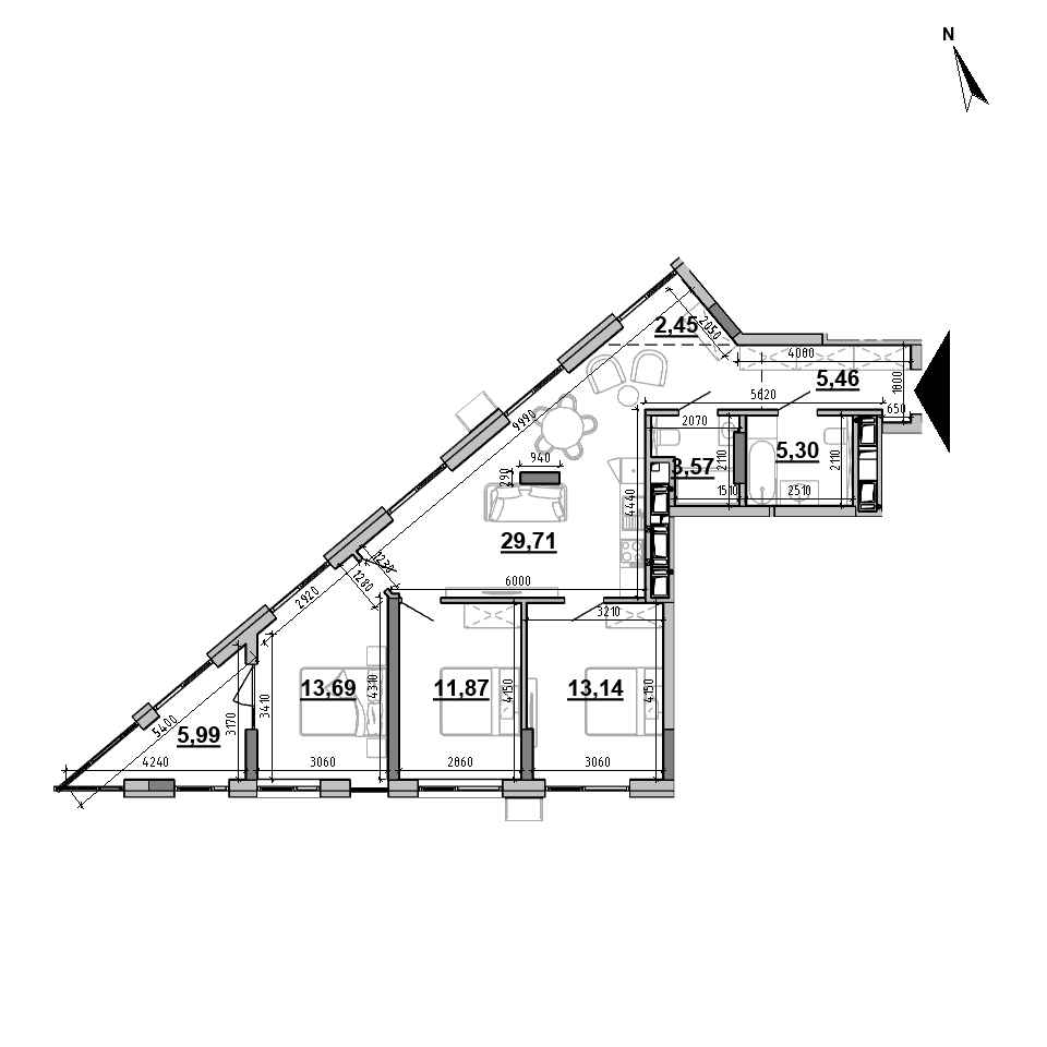 ЖК Brother: планування 3-кімнатної квартири, №38, 91.18 м<sup>2</sup>