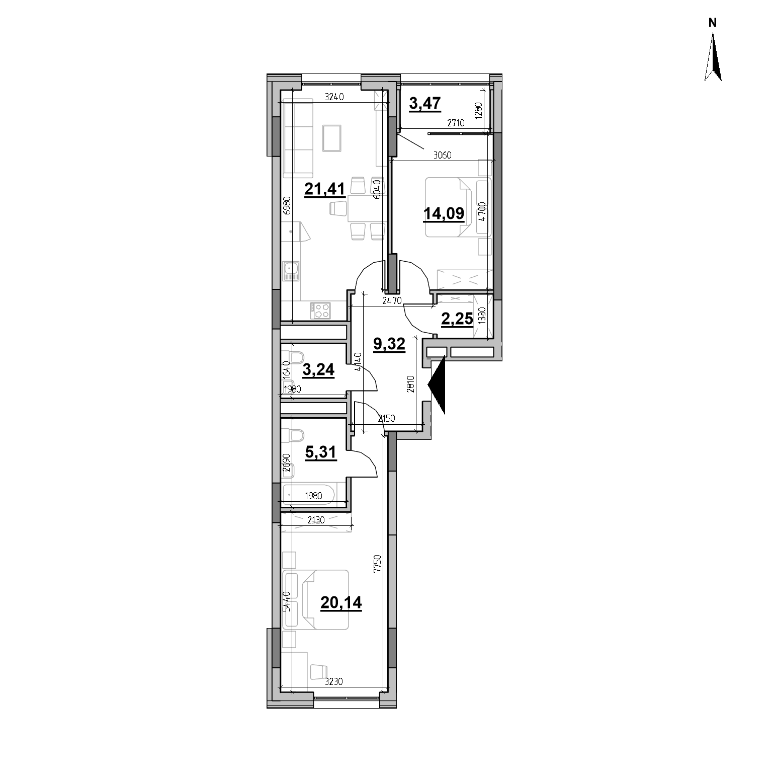 ЖК Nordica Residence: планировка 2-комнатного жилья, №59, 79.23 м<sup>2</sup>