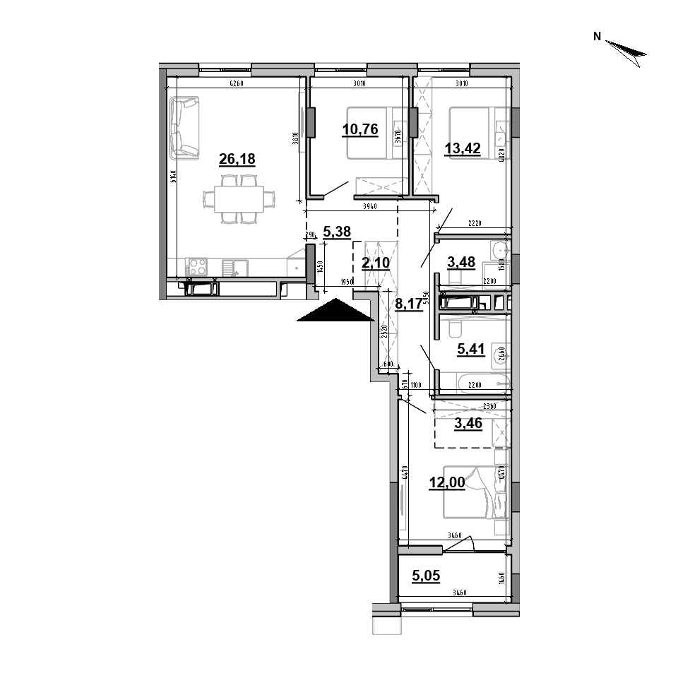 ЖК Brother: планировка 3-комнатной квартиры, №212, 95.41 м<sup>2</sup>