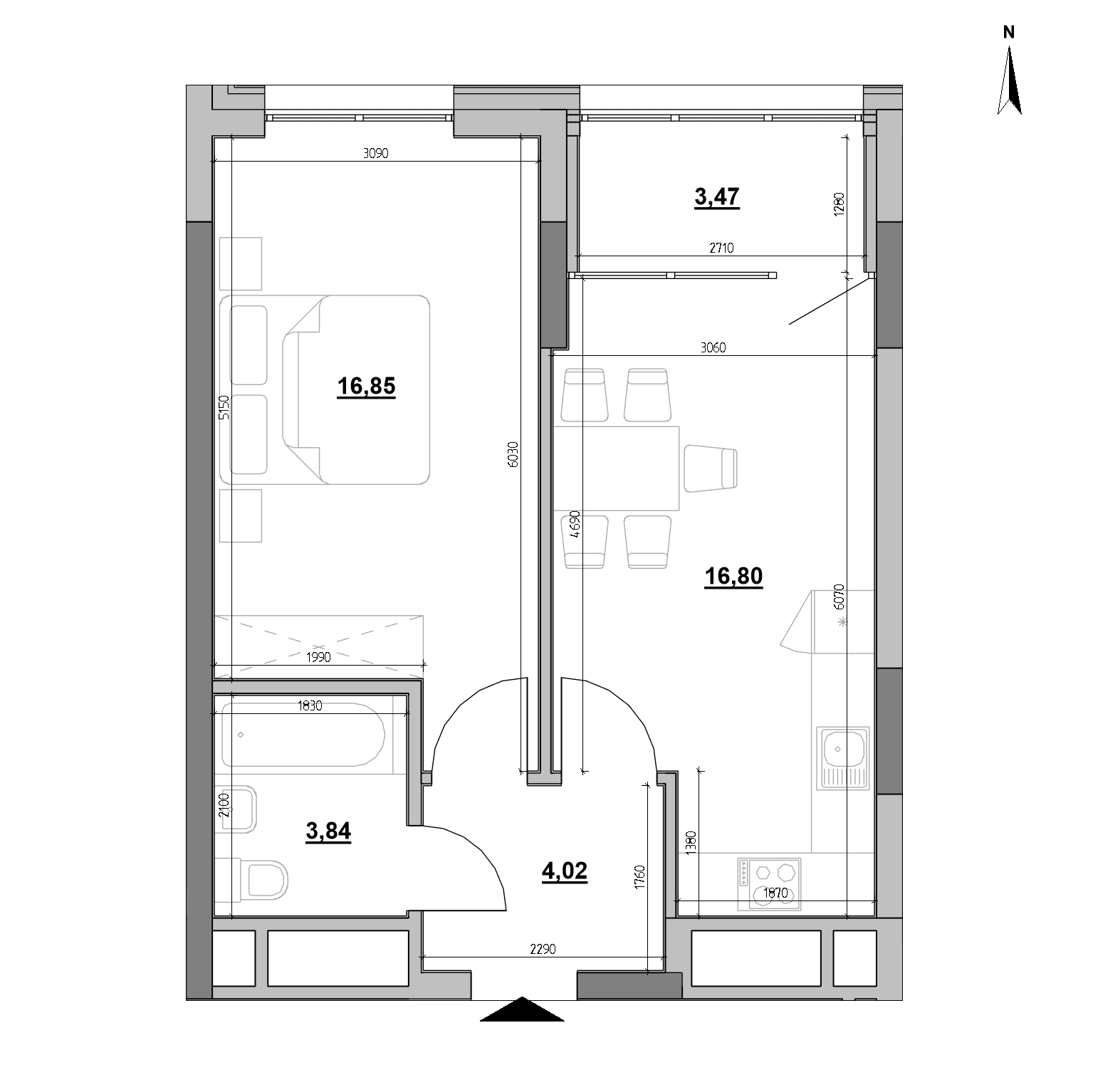 RC Nordica Residence: planning 1-bedroom apartment, №61, 44.98 m<sup>2</sup>