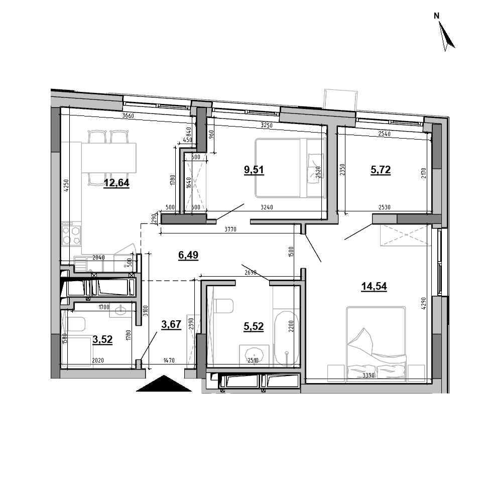 ЖК Brother: планування 2-кімнатної квартири, №186, 61.61 м<sup>2</sup>