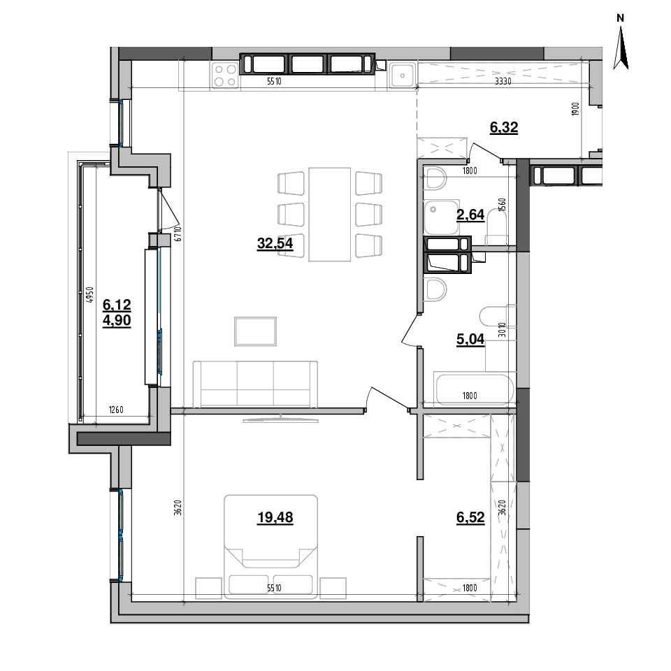 RC Maxima Residence: planning 1-bedroom apartment, №283, 77.44 m<sup>2</sup>