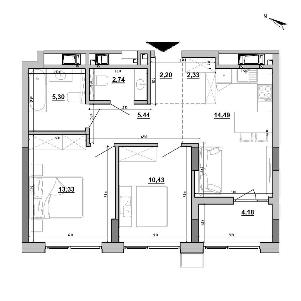 ЖК Brother: планування 2-кімнатної квартири, №222, 60.44 м<sup>2</sup>