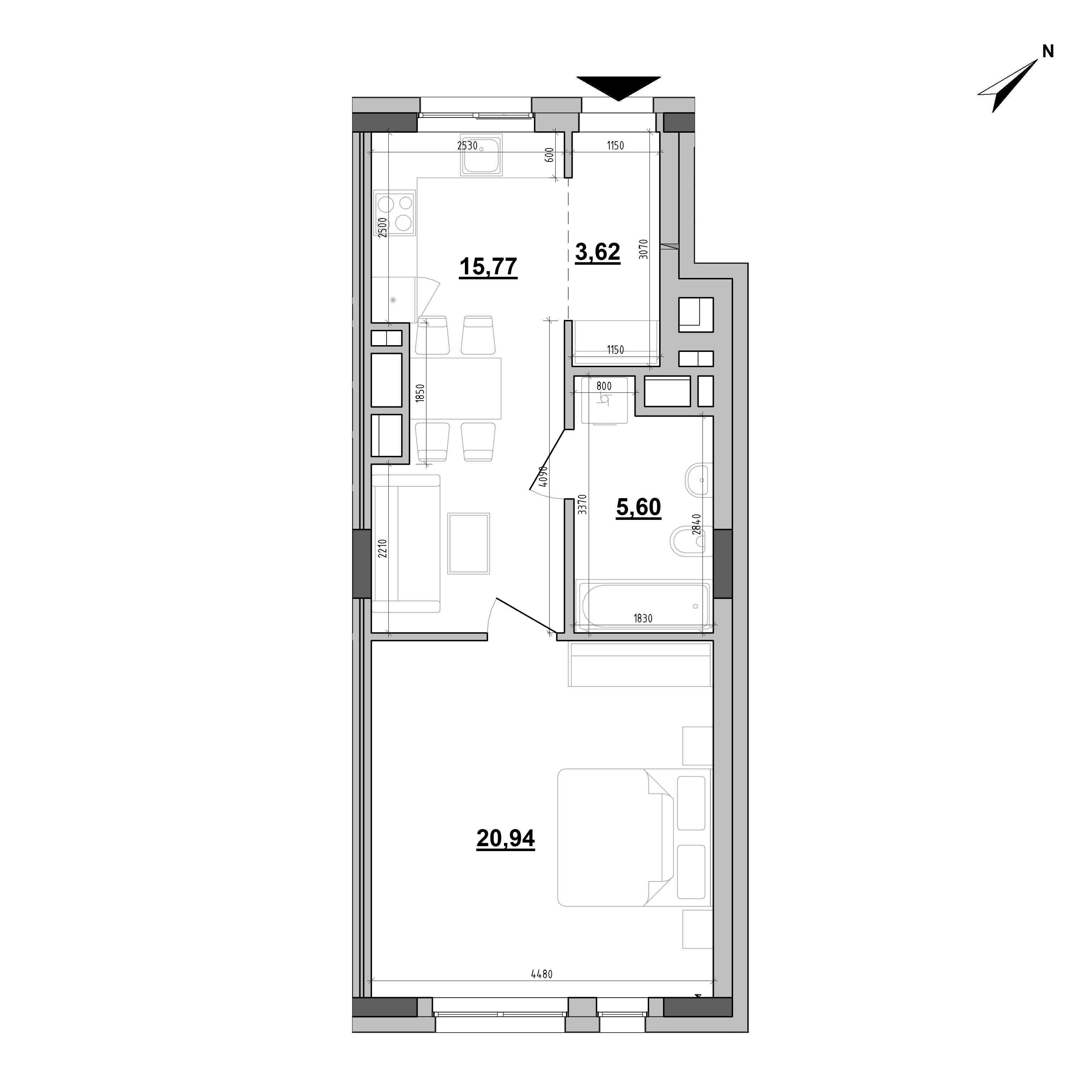 RC Big Ben: planning 1-bedroom apartment, №713, 45.93 m<sup>2</sup>
