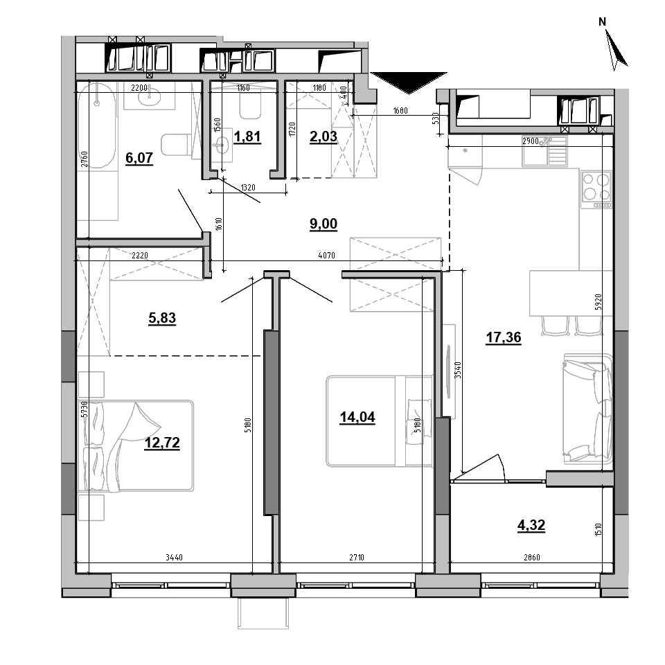 ЖК Brother: планування 2-кімнатної квартири, №94, 73.18 м<sup>2</sup>