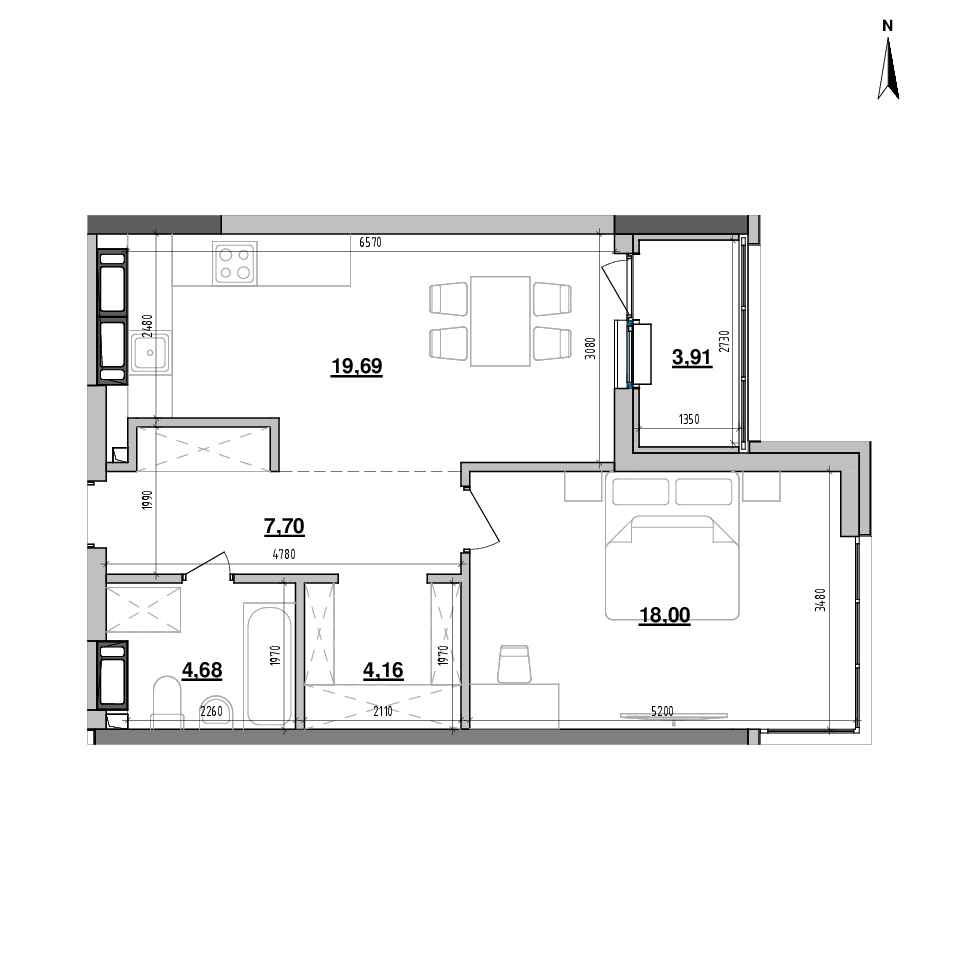 RC Maxima Residence: planning 1-bedroom apartment, №213, 58.14 m<sup>2</sup>