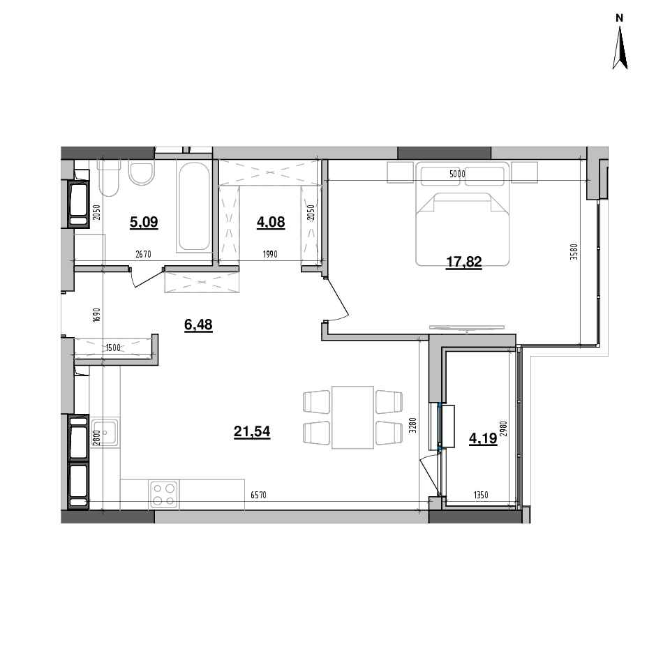 RC Maxima Residence: planning 1-bedroom apartment, №212, 59.2 m<sup>2</sup>