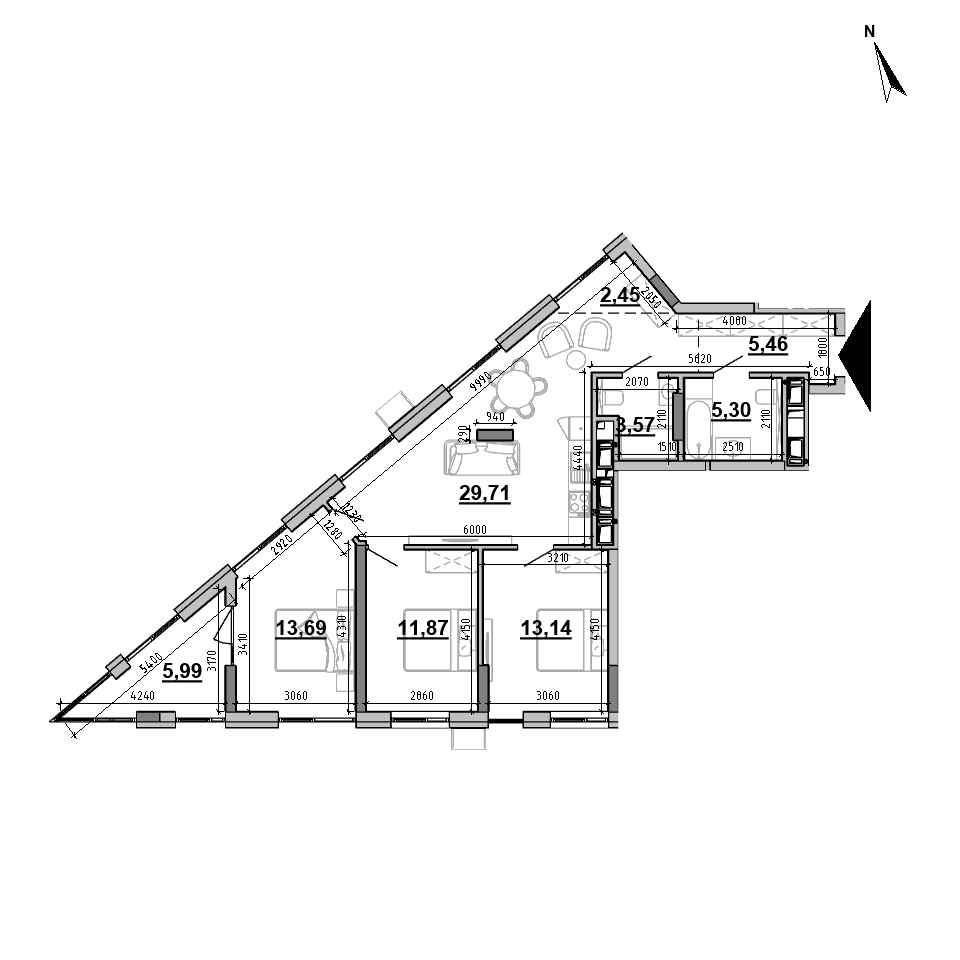 ЖК Brother: планування 3-кімнатної квартири, №46, 91.18 м<sup>2</sup>