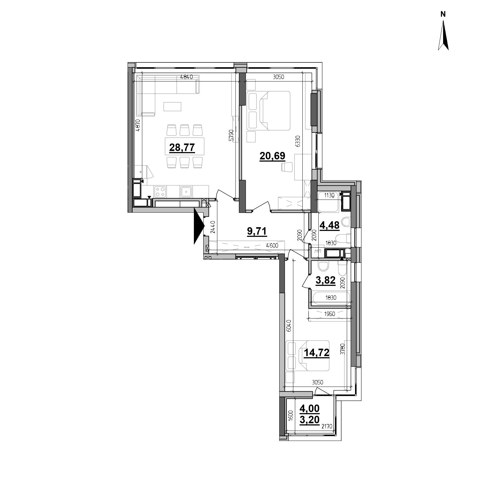 ЖК Maxima Residence: планування 2-кімнатної квартири, №390, 85.39 м<sup>2</sup>