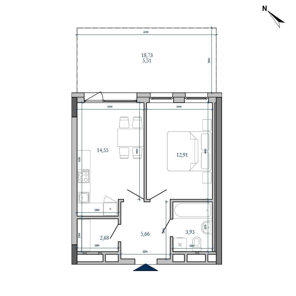 ЖК Hyde Park: планування 1-кімнатного помешкання, №213, 45.24 м<sup>2</sup>