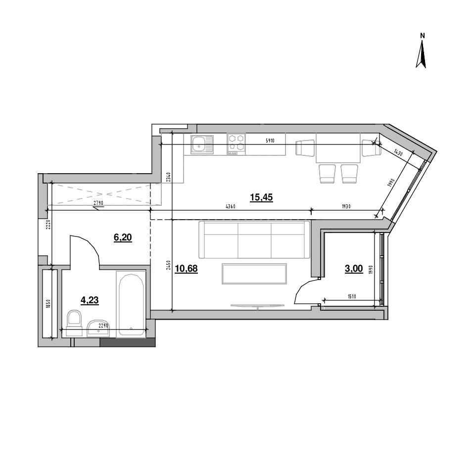 ЖК Nordica Residence: планування 1-кімнатної квартири, №161, 39.56 м<sup>2</sup>