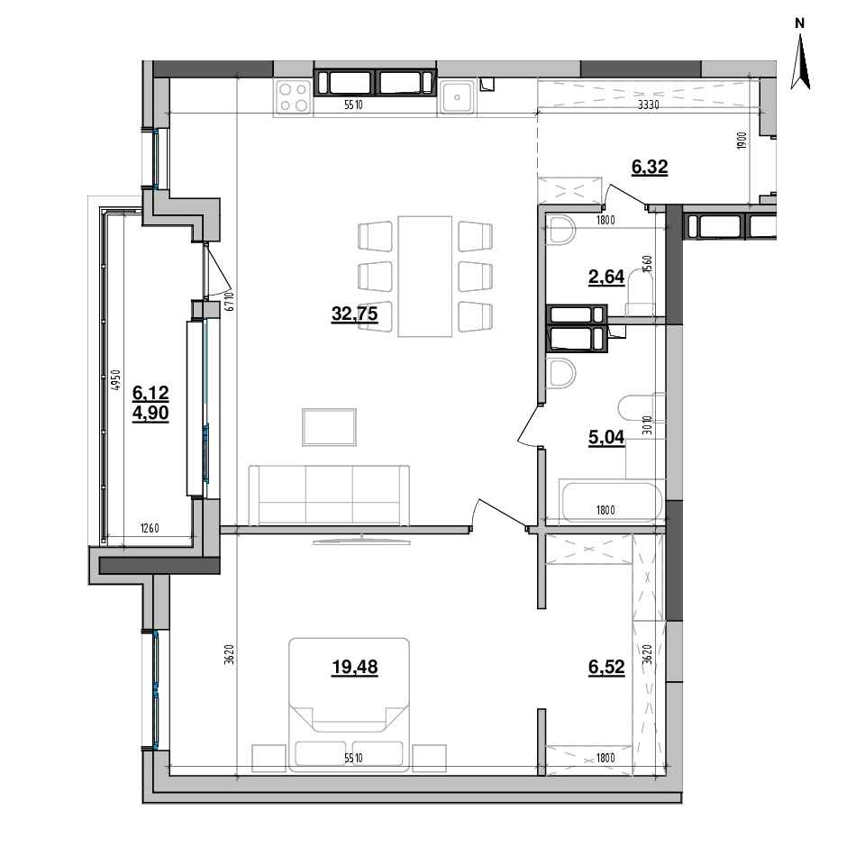 ЖК MAXIMA RESIDENCE: планировка 1-комнатной квартиры, №217, 77.65 м<sup>2</sup>