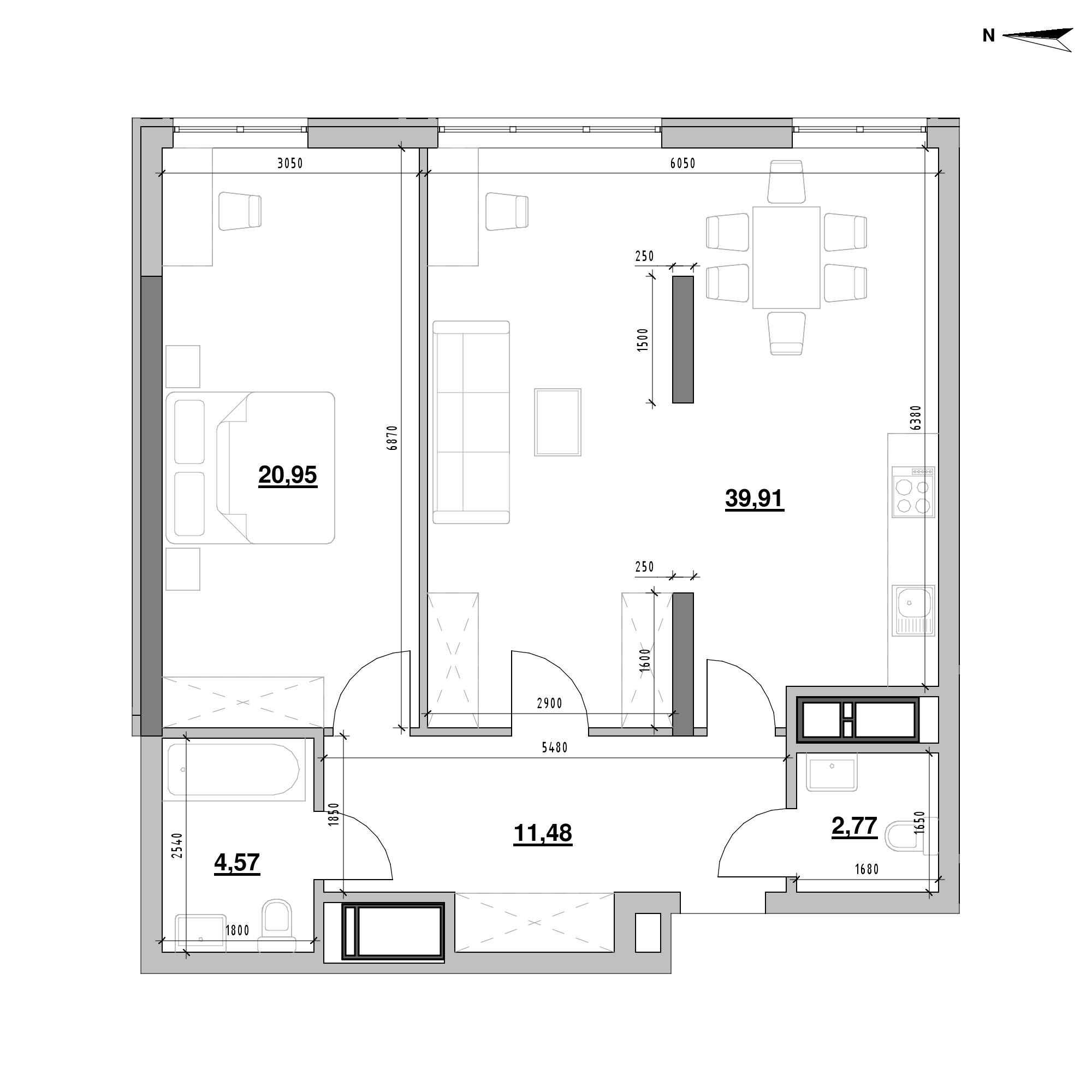 ЖК Nordica Residence: планування 1-кімнатної квартири, №184, 79.5 м<sup>2</sup>