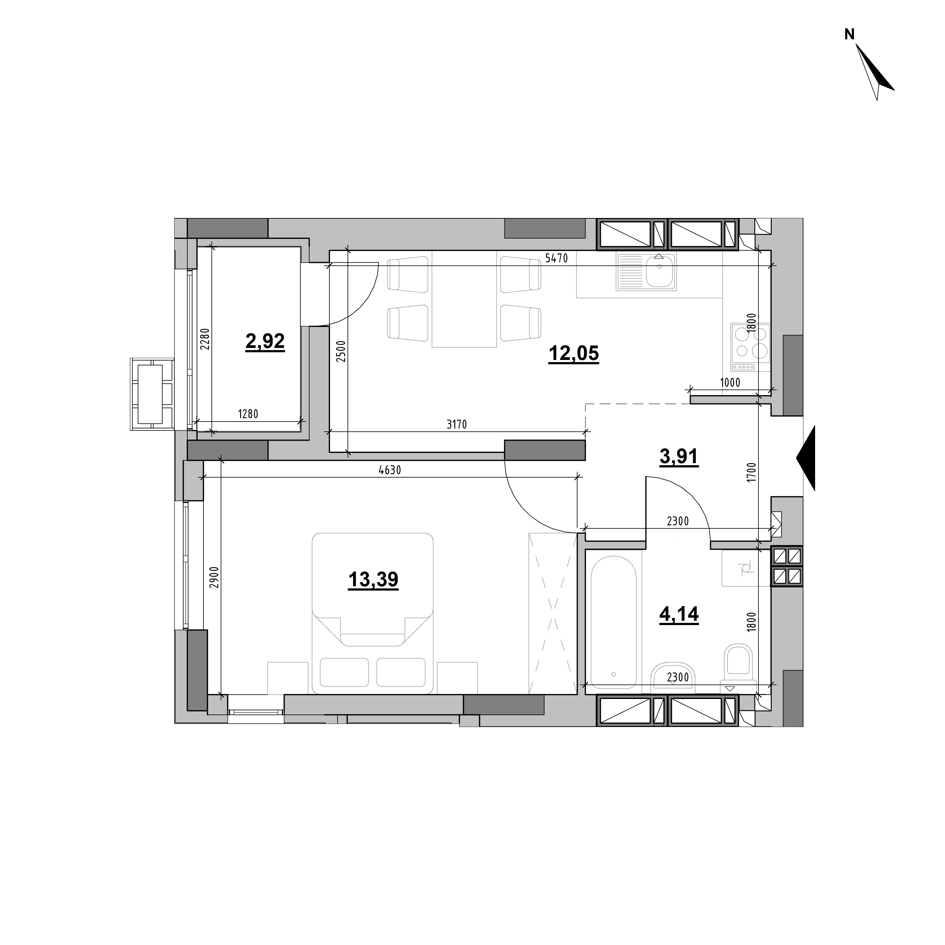 RC Evening: planning 1-bedroom apartment, №151, 36.4 m<sup>2</sup>