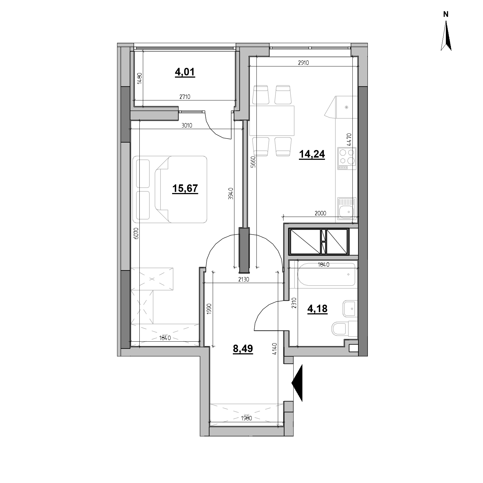 ЖК Nordica Residence: планировка 1-комнатной квартиры, №215, 46.59 м<sup>2</sup>