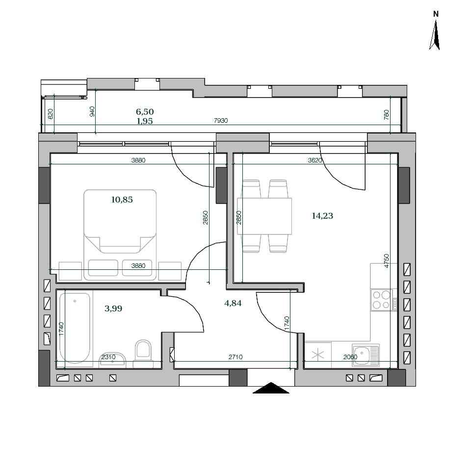 ЖК HARRY: планування 1-кімнатного помешкання, №402, 35.86 м<sup>2</sup>