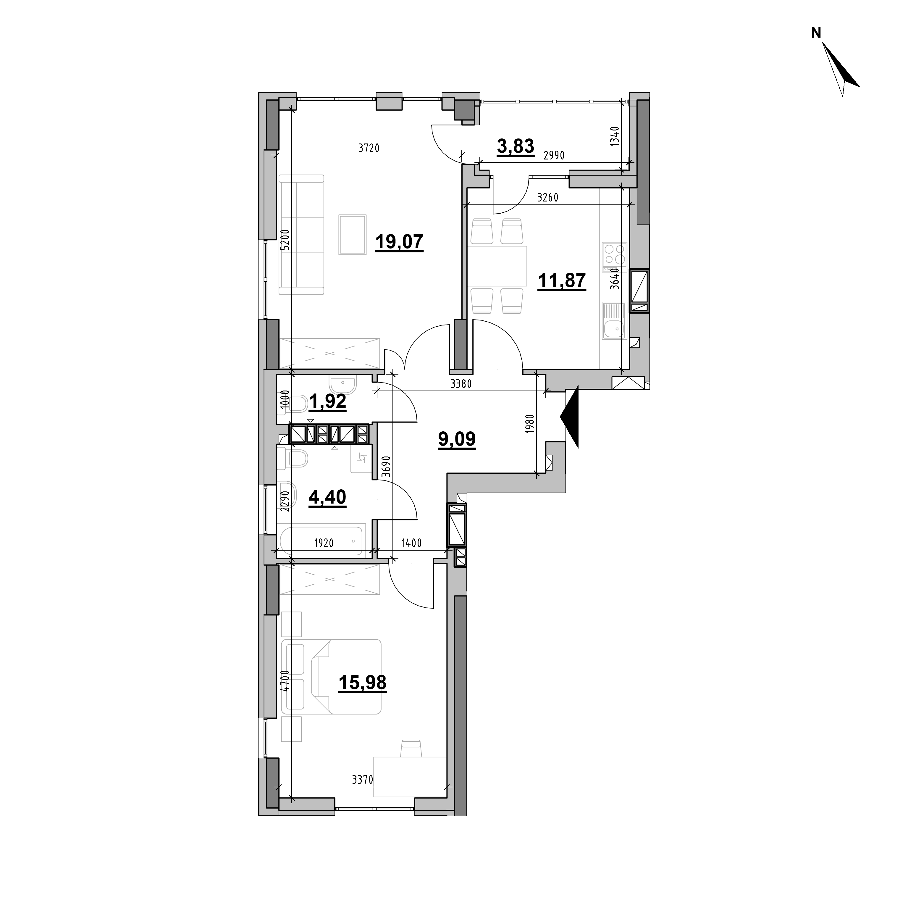 ЖК Evening: планування 2-кімнатної квартири, №44, 66.19 м<sup>2</sup>