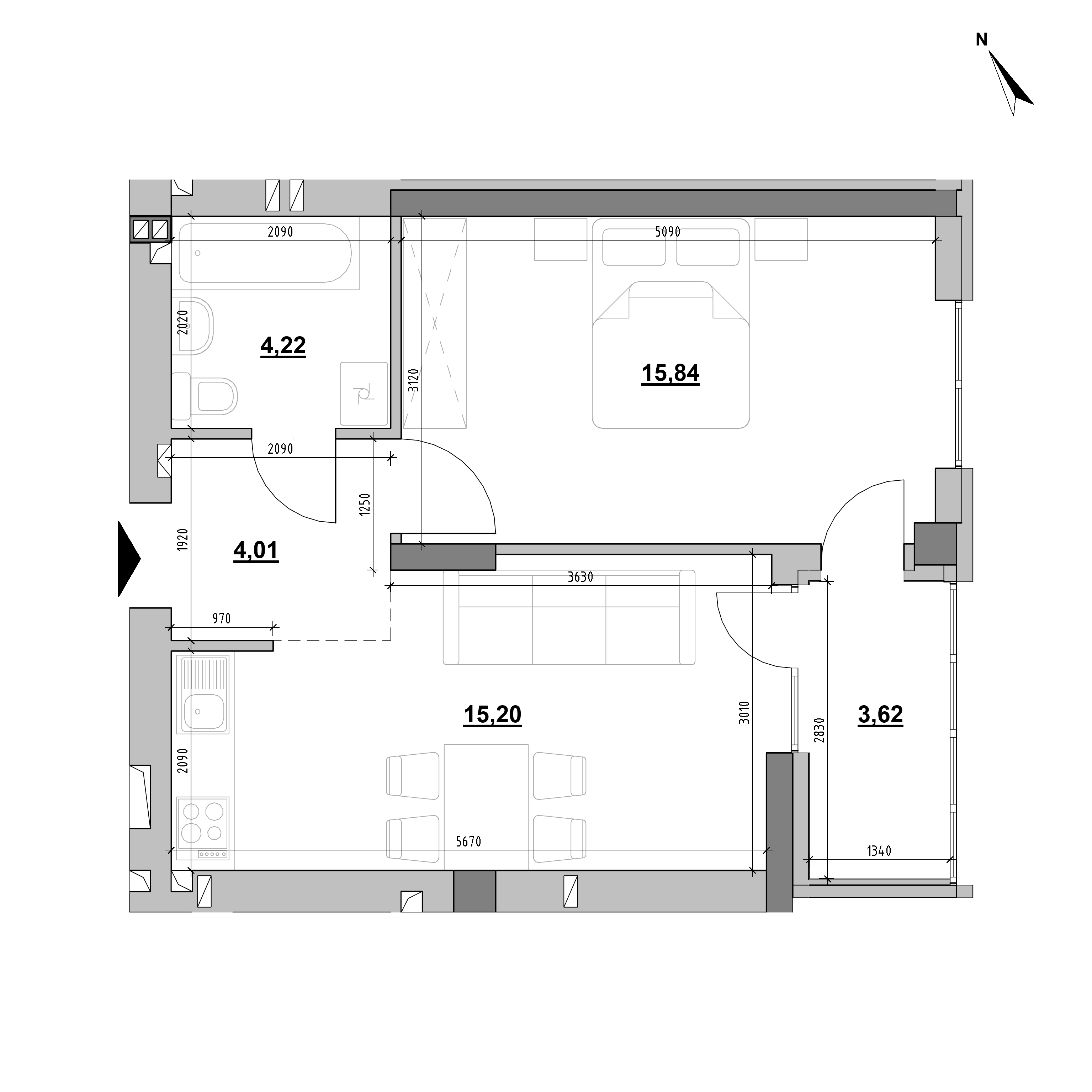 ЖК Evening: планування 1-кімнатної квартири, №49, 42.89 м<sup>2</sup>