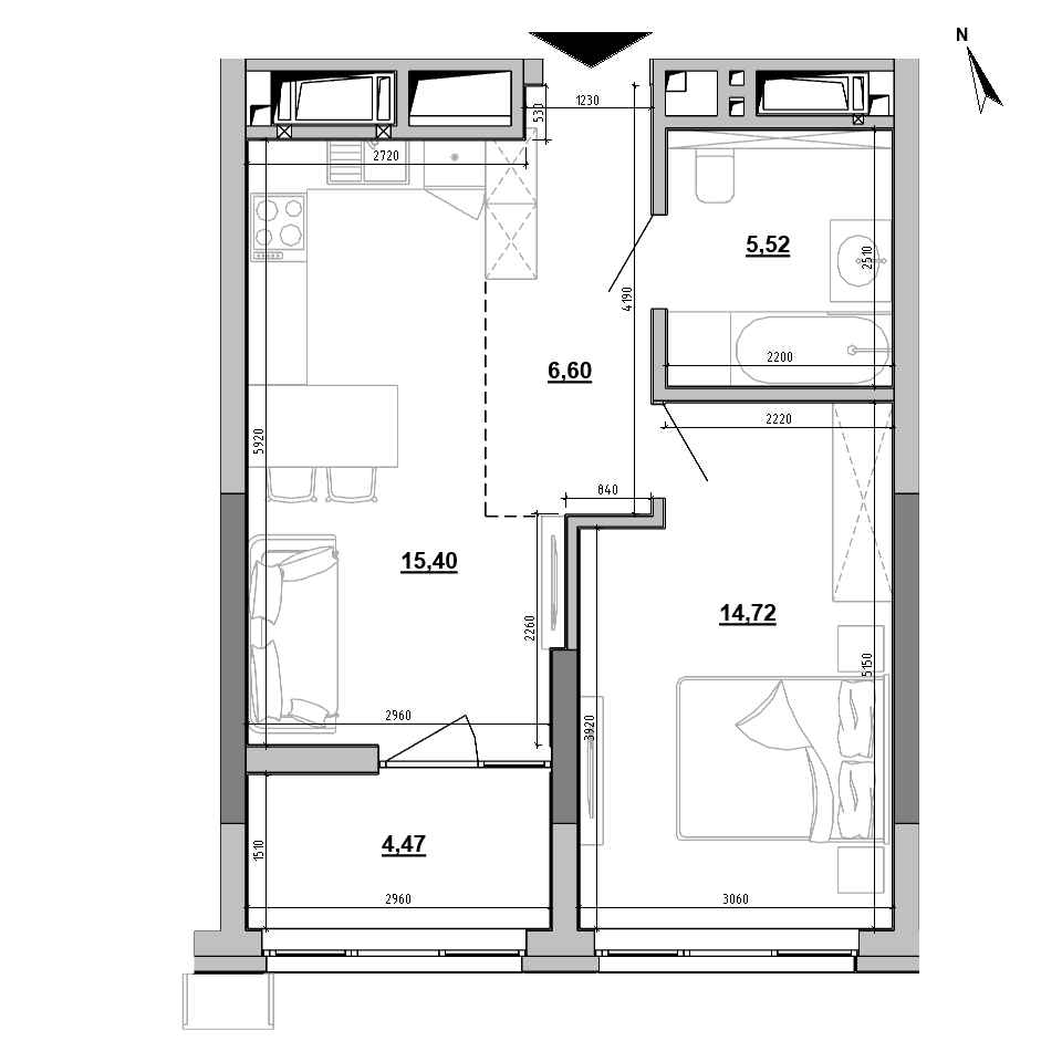 RC Brother: planning 1-bedroom apartment, №200, 46.71 m<sup>2</sup>