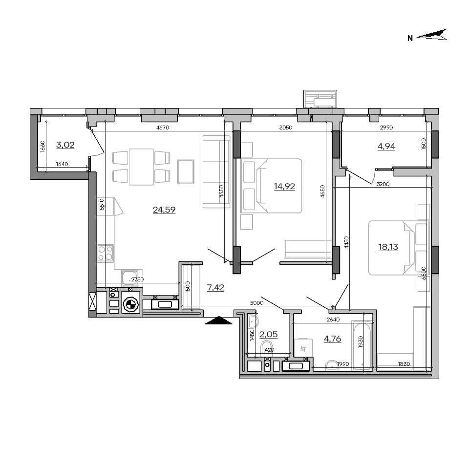 ЖК Father: планування 2-кімнатної квартири, №13, 79.83 м<sup>2</sup>