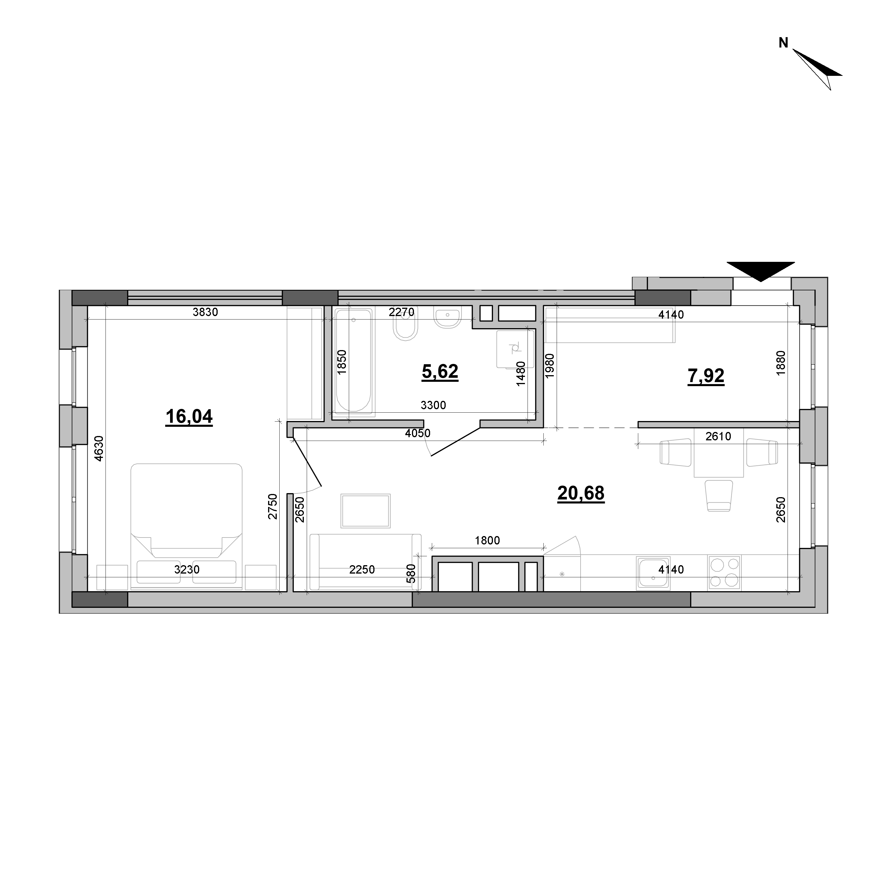 RC Big Ben: planning 1-bedroom apartment, №705, 50.26 m<sup>2</sup>