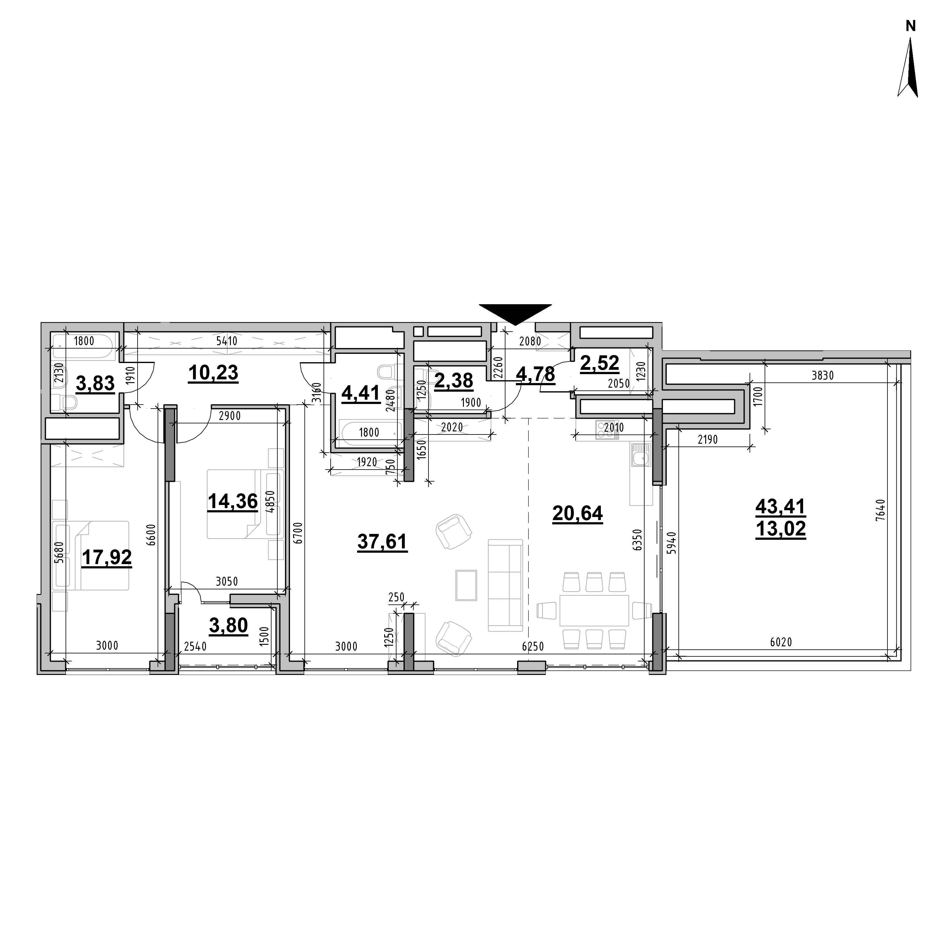 RC Nordica Residence: planning 2-bedroom apartment, №135, 135.5 m<sup>2</sup>