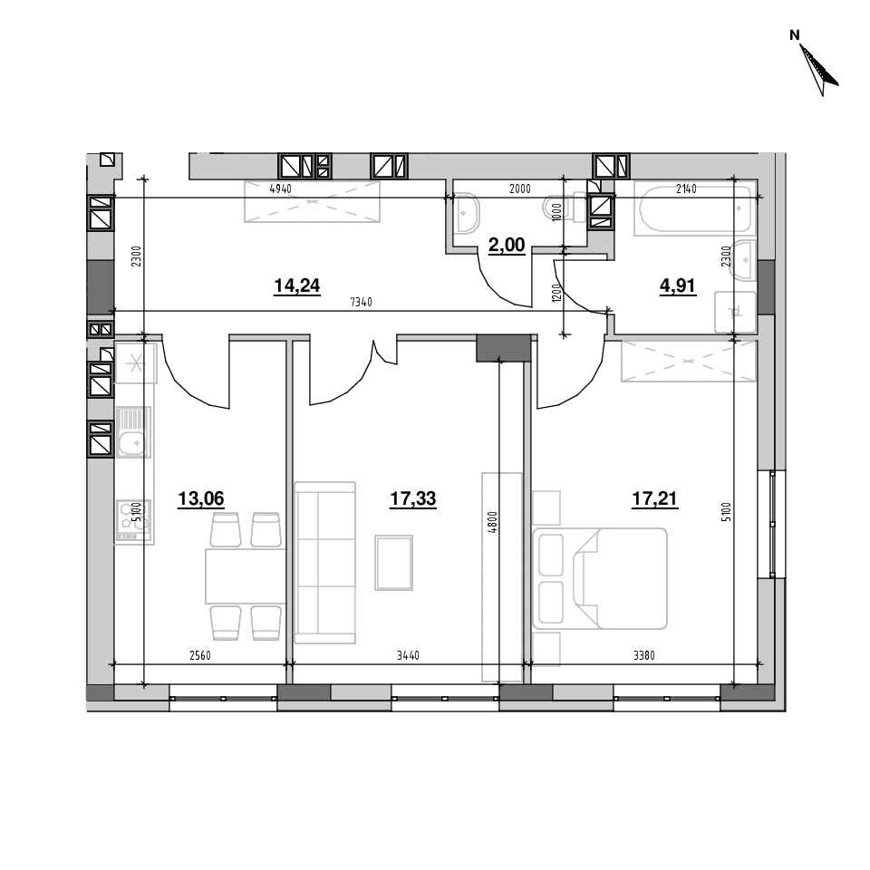 RC Riel City: planning 2-bedroom apartment, №40, 69.6 m<sup>2</sup>