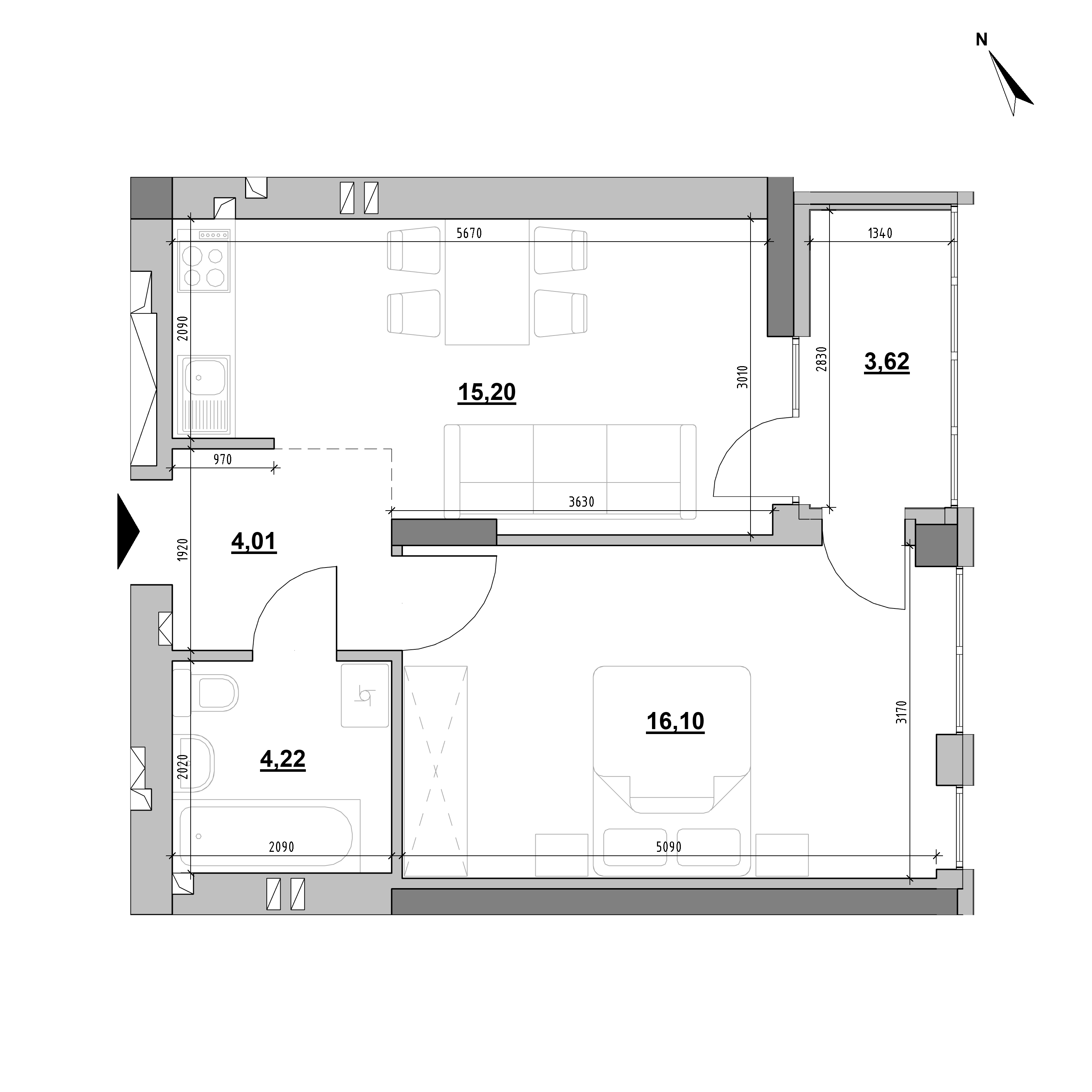 ЖК Evening: планировка 1-комнатной квартиры, №48, 43.15 м<sup>2</sup>