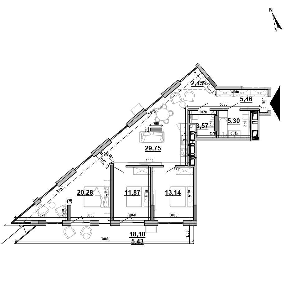 ЖК Brother: планування 3-кімнатної квартири, №6, 97.25 м<sup>2</sup>