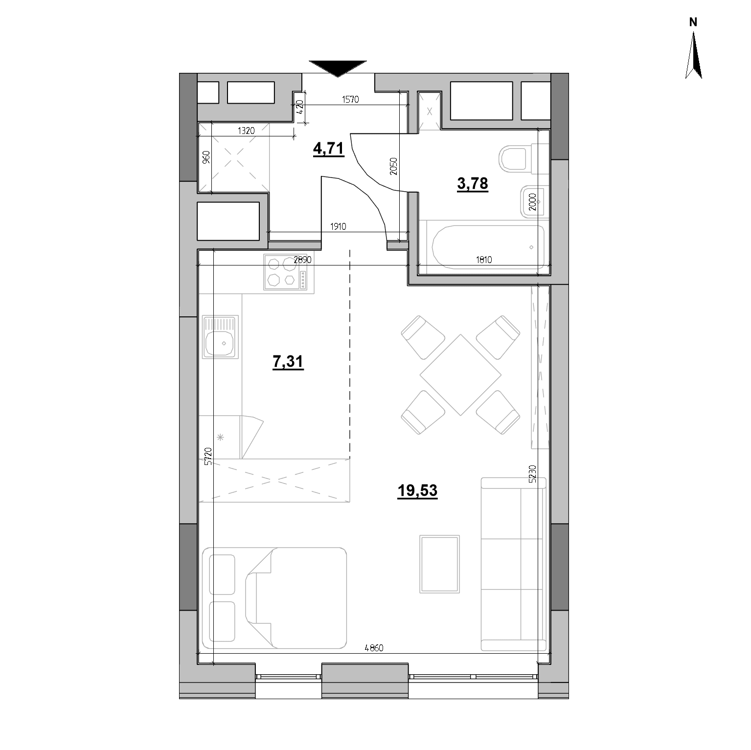 ЖК Nordica Residence: планування 1-кімнатного помешкання, №23, 35.33 м<sup>2</sup>