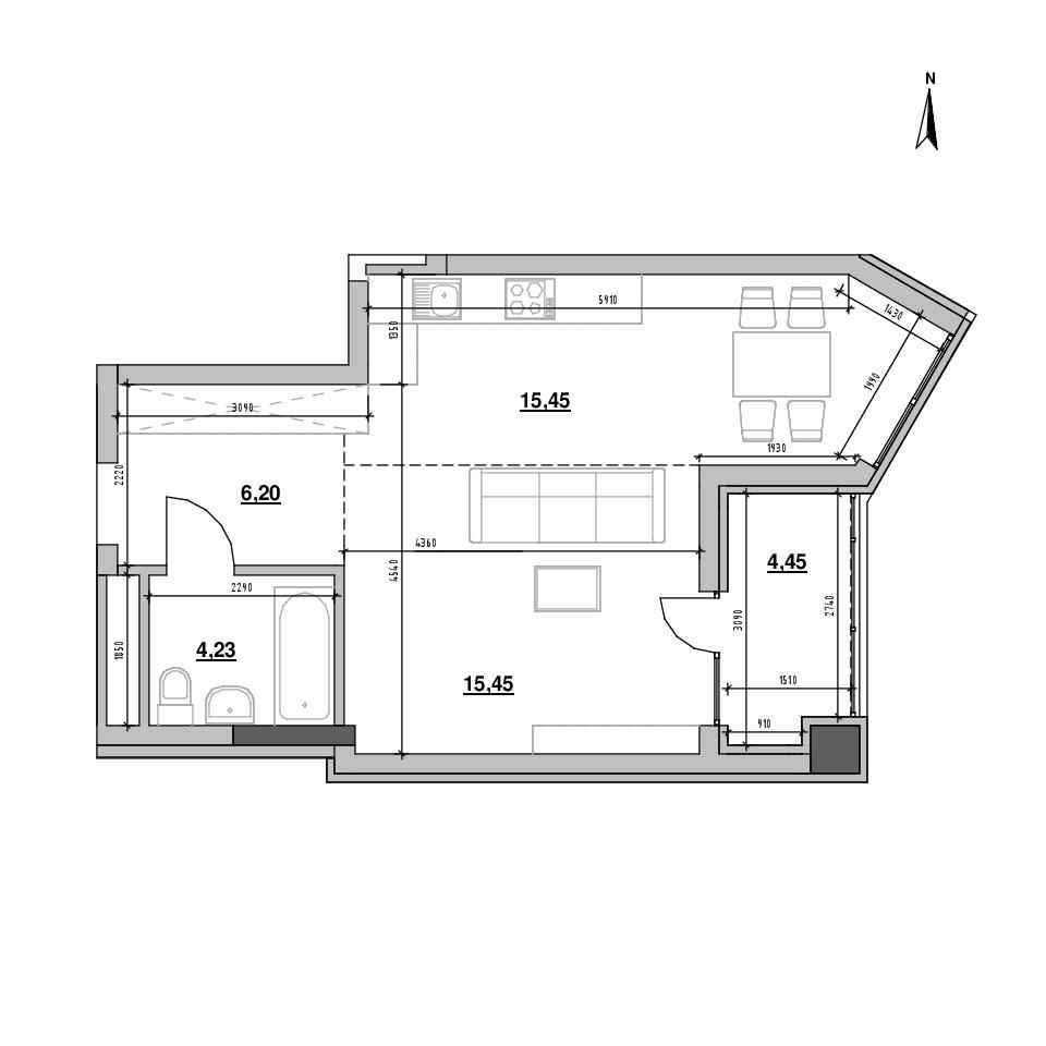 ЖК Nordica Residence: планування 1-кімнатної квартири, №211, 45.78 м<sup>2</sup>