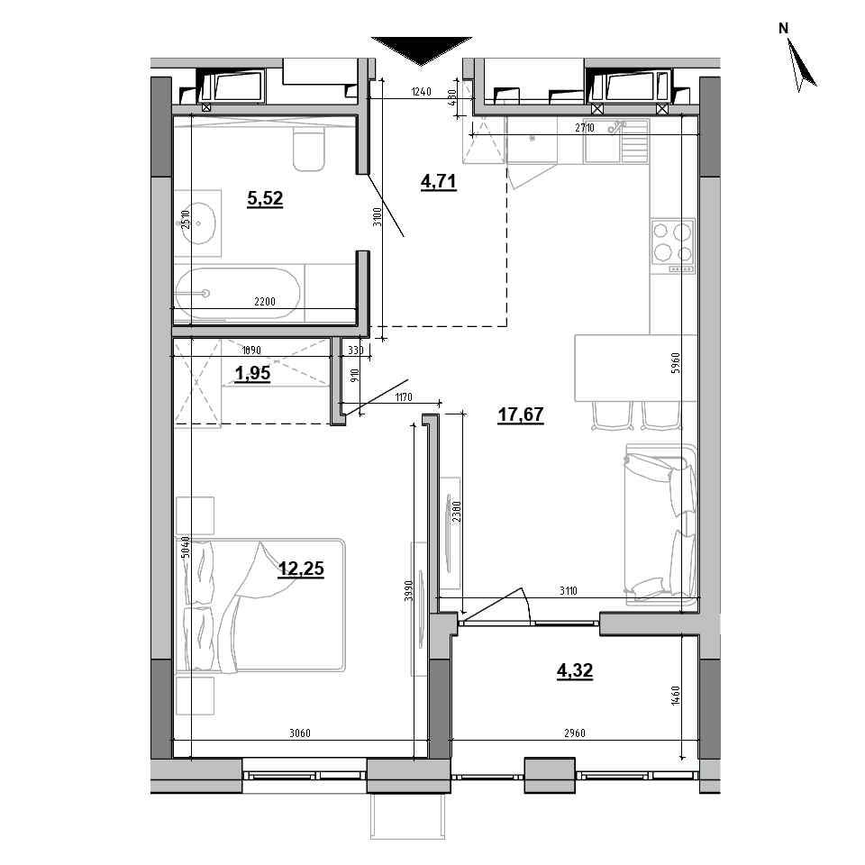 ЖК Brother: планировка 1-комнатной квартиры, №43, 46.42 м<sup>2</sup>