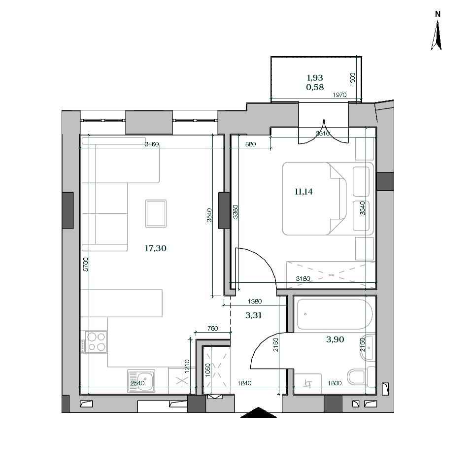 ЖК HARRY: планування 1-кімнатного помешкання, №203, 36.23 м<sup>2</sup>
