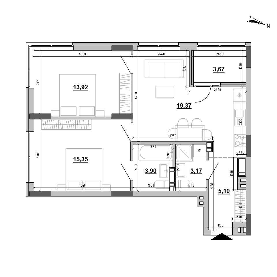 ЖК Sister: планування 2-кімнатної квартири, №175, 64.49 м<sup>2</sup>